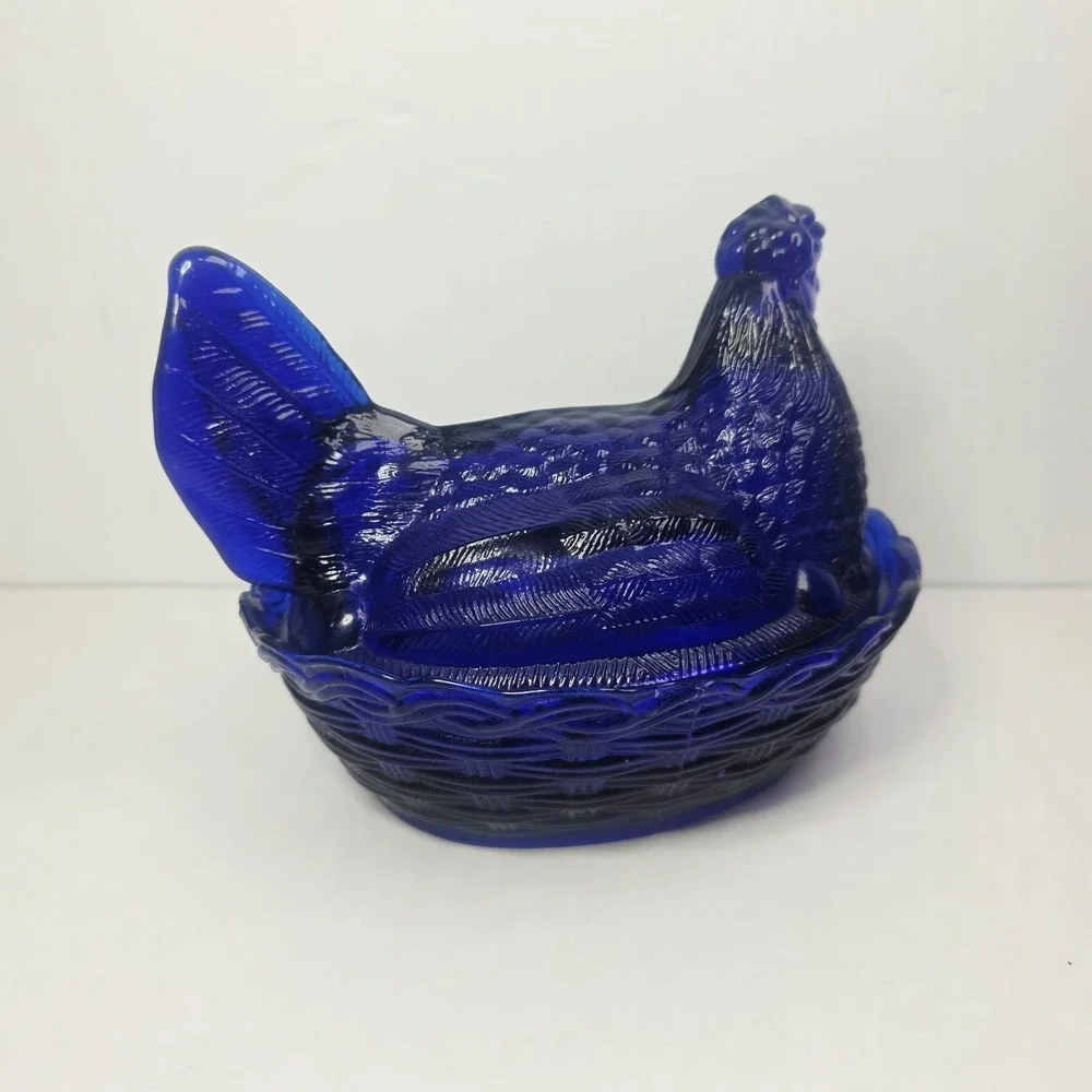 Vintage Hen On Nest Cobalt Blue  Glass Candy Dish 5